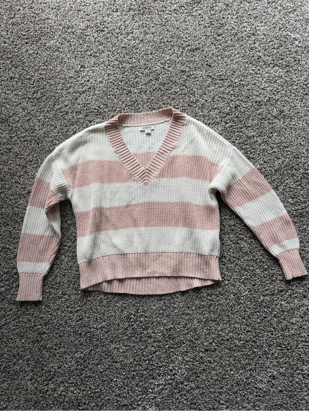 American Eagle Outfitters Pink and Cream Striped V-Neck Sweater
